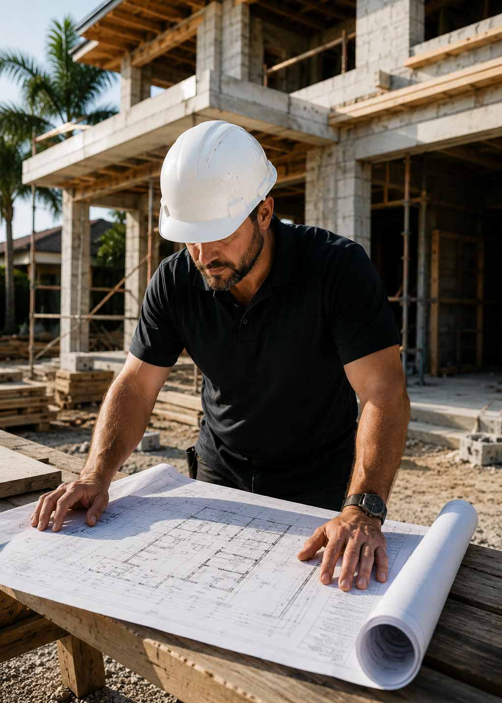 Albrecht Construction and Design reviewing plans at a residential construction site